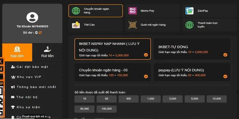 Nạp Tiền 8KBET - Hướng Dẫn Cách Giao Dịch Nhanh Chóng 1 Thủ tục nạp tiền thông qua ngân hàng nhanh chóng và tiện lợi